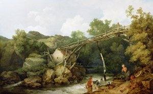 ダービーシャーのマトロック近くの景色、木製のコンベヤーの下で働く人物、1785年